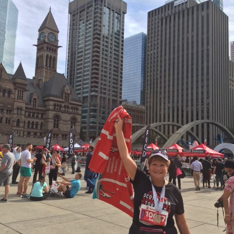 Sue-Ann Levy at the end of 2017 Scotiabank Toronto Waterfront Marathon.